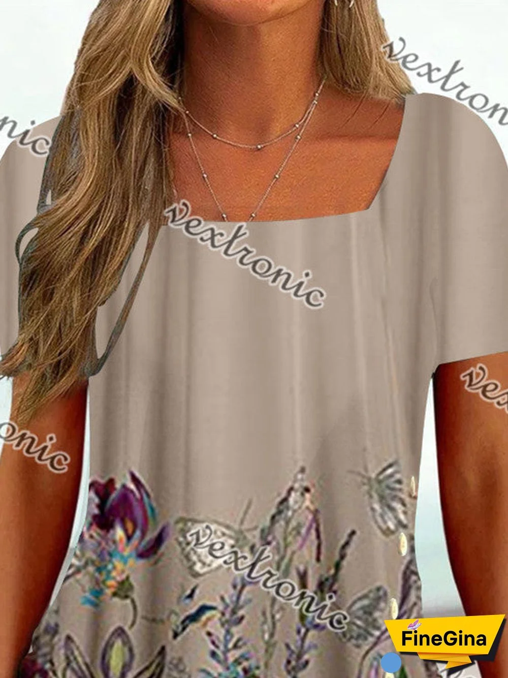 Women's Short Sleeve U-neck Floral Printed Graphic Button Top