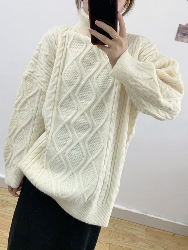 Casual Loose 5 Colors Jacquard High-Neck Long Sleeves Sweater Top