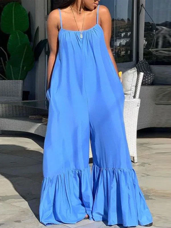 Loose Sleeveless Pleated Pockets Solid Color Split-Joint Spaghetti-Neck Jumpsuits