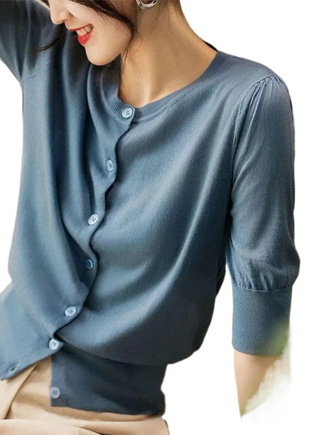 Athvotar Athvotar Knitted Jersey Women's Early Spring Round Collar Collar In The Middle Sleeve Ice Silk Thin Model Hit The Bottom Of The Coat Female Ocean