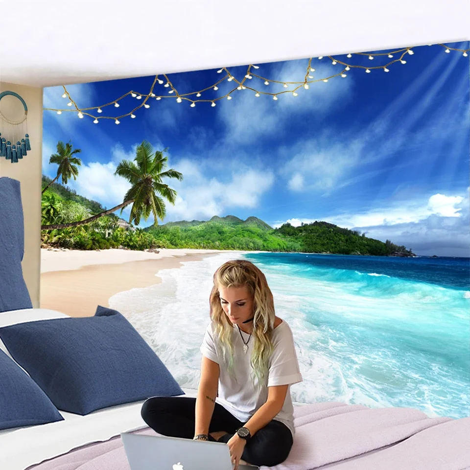 Landscape Painting Tapestry Wall Hanging Colorful Natural Scenery Bohemian Travel Mattress Studio Living Room Art Decor