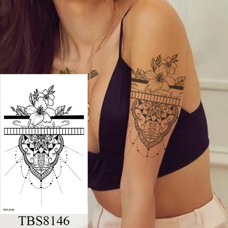 Waterproof Temporary Tattoo Sticker Flower Peony Rose Sketches Flash Tattoos Black Henna Body Art Arm Fake Tatoo Women Men