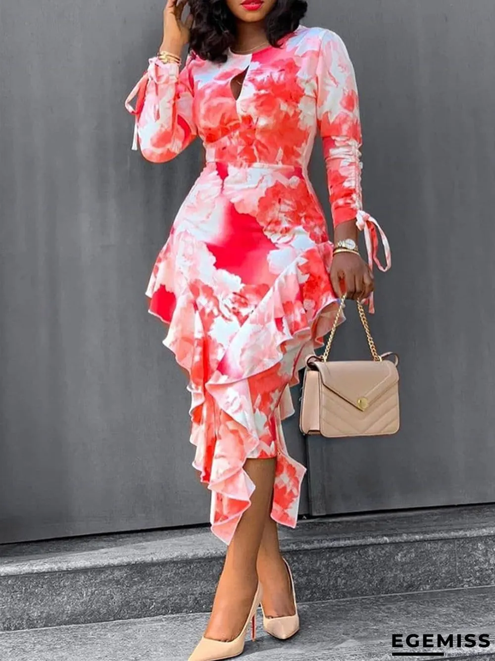Commuter Print Ruffle Hip Wrap Long Sleeve One Step Dress | EGEMISS