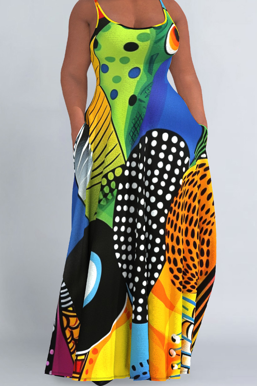 Design Plus Size Colorblock Dots Abstract Print Camisole Maxi Dresses [Pre-Order]