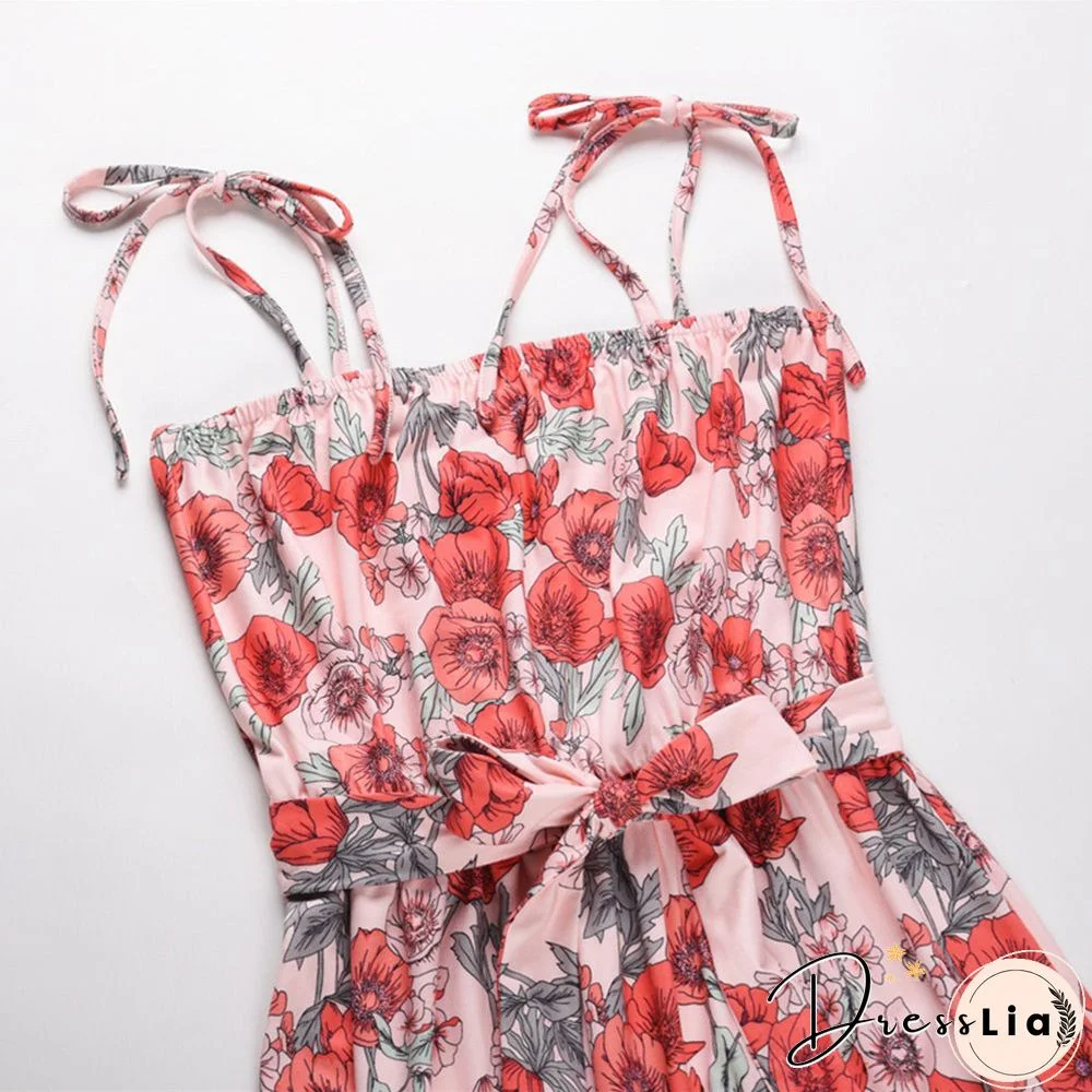 Adjustable Spaghetti Strap Floral Tie Front Sleeveless Maxi Dress