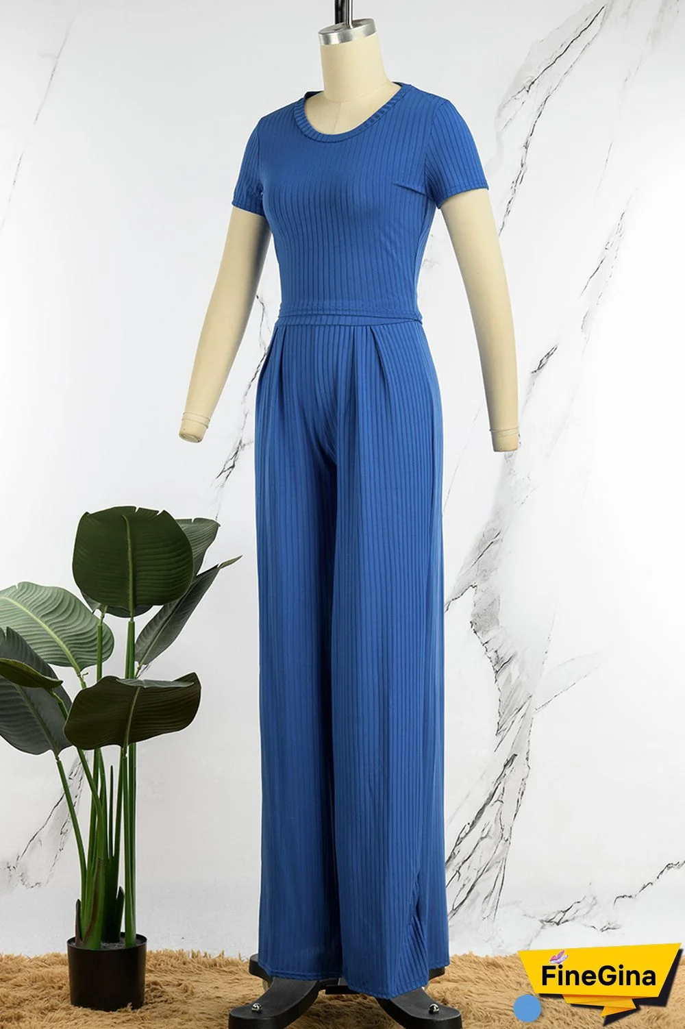 Blue Casual Solid Basic O Neck Short Sleeve Two Pieces