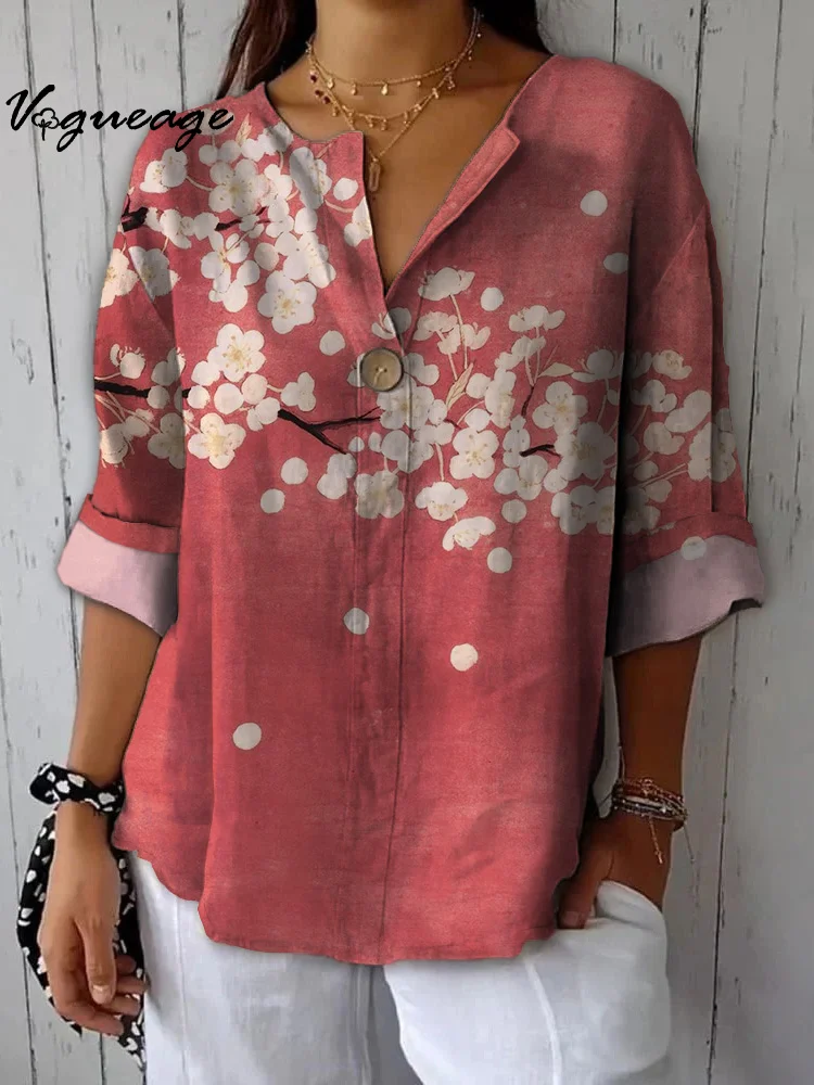 Simple Gentle And Charming Peach Blossom Printed Cotton And Linen Shirt