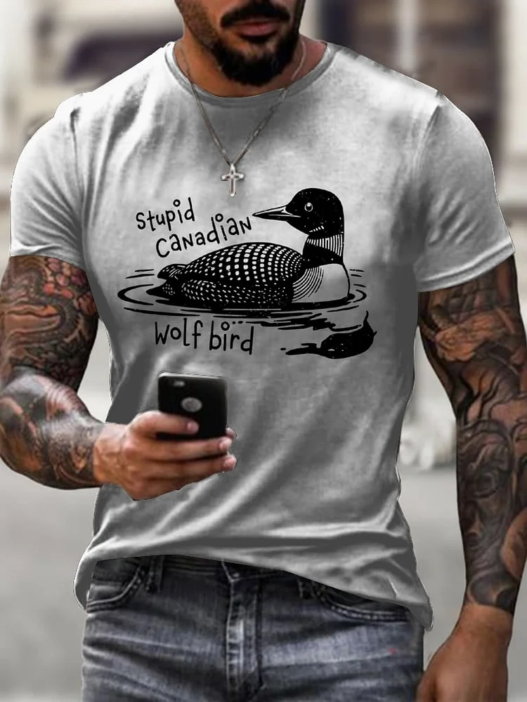 Men's Stupid Canadian Wolf Bird Print T-Shirt  socialshop