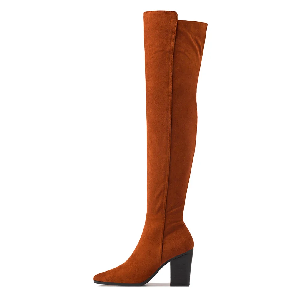 Brown Leather Knee Boots Pointed Toe Chunky Heels Knee Boots Nicepairs