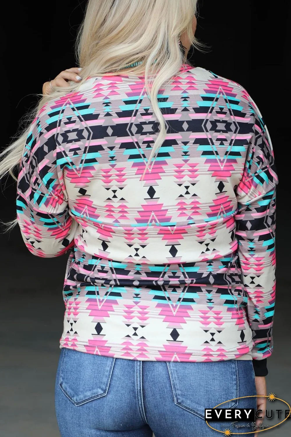 Multicolor Western Aztec Pattern Zipped Turn-down Collar Sweatshirt