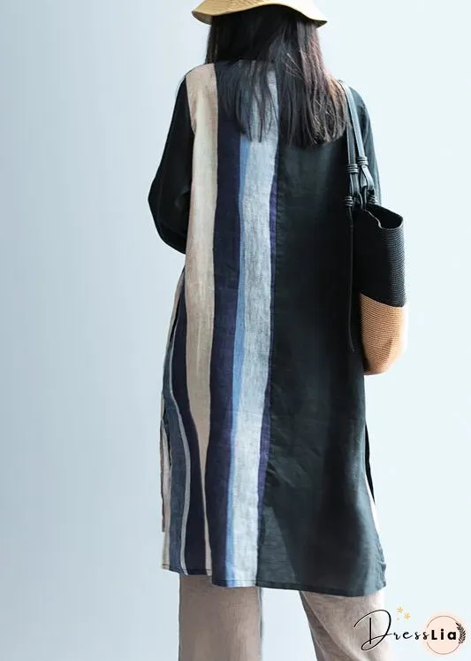 Women Black low high design Striped Linen long Shirt Spring