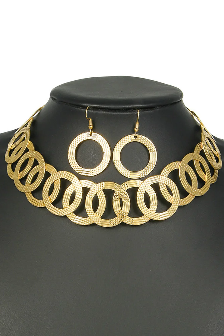 Round Shaped Textured Dangle Earrings Necklace Alloy Two Piece Jewelry Set