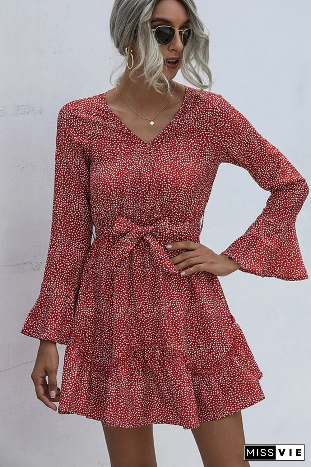 Polka Dot Print V Neck Tie Waist Casual Dress