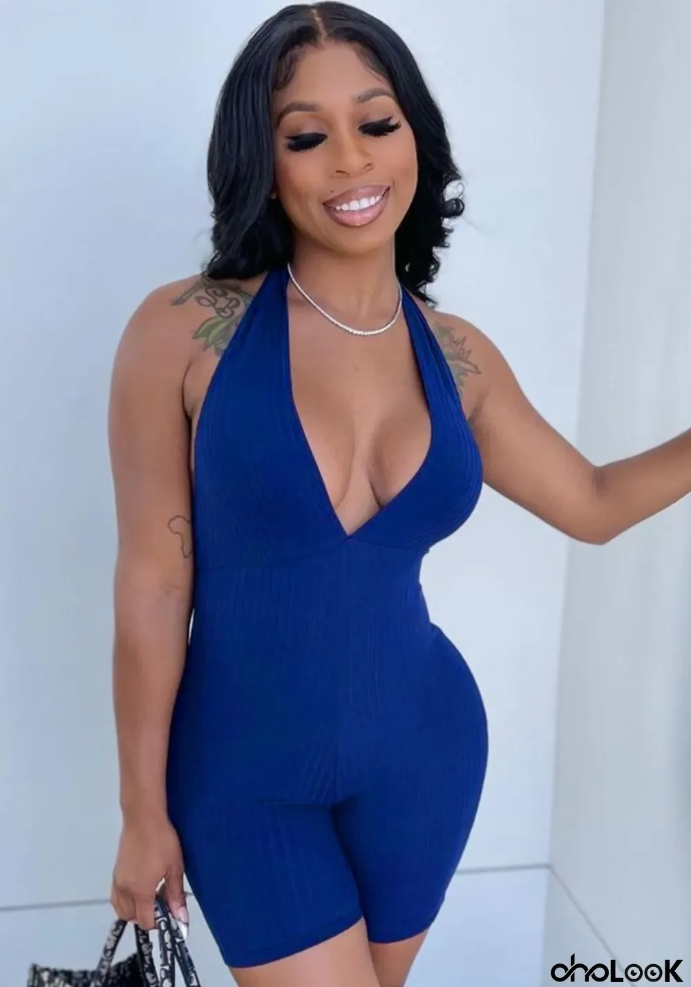 Summer blue Knit Sexy Deep-V Fitted Rompers