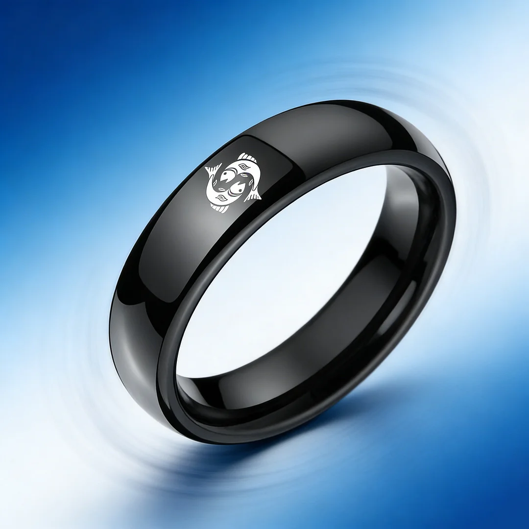 4MM 6MM 8MM Black Pisces Tungsten Carbide Rings Prints Laser Design Domed Top Tungsten Wedding Band