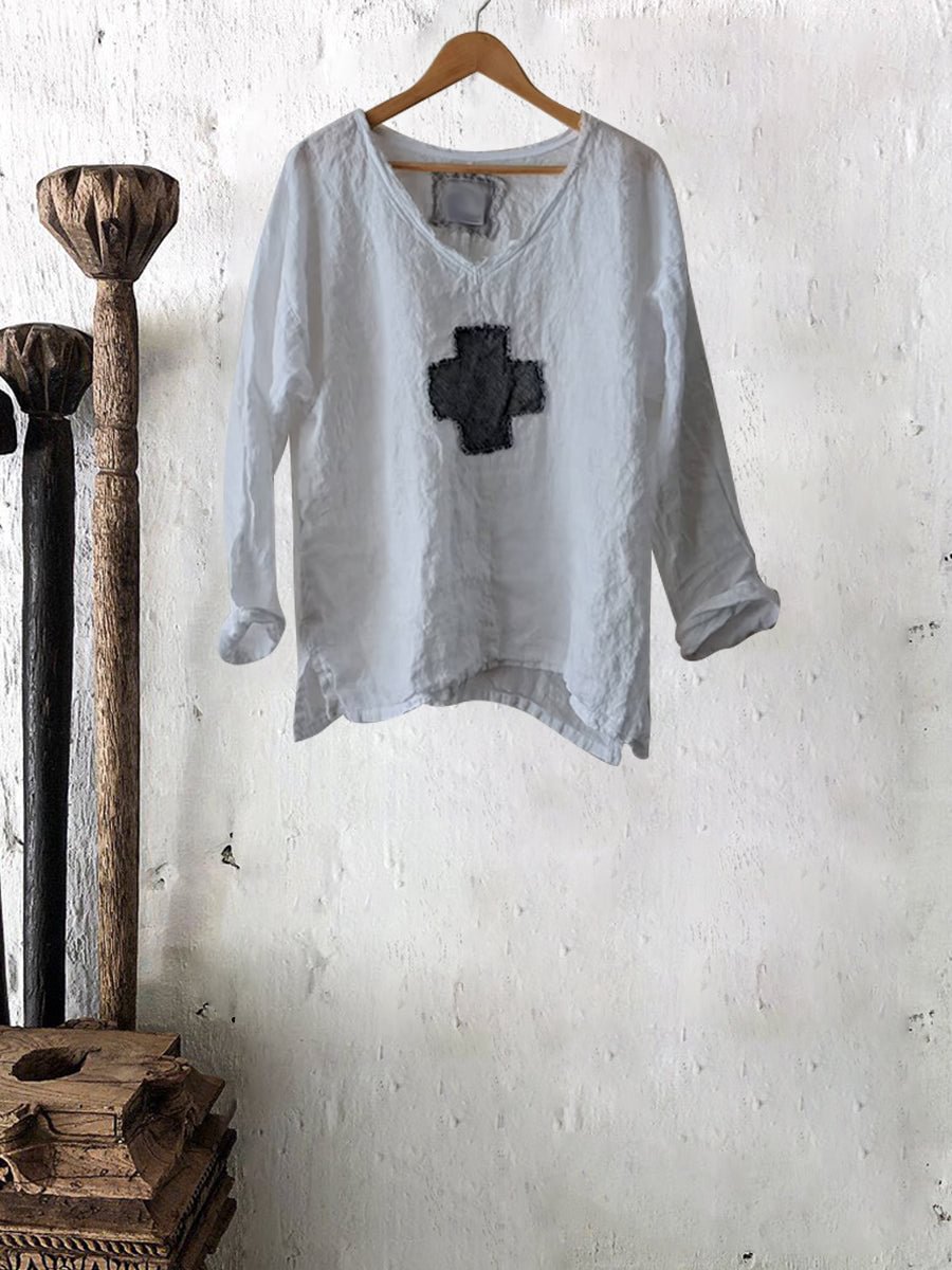 Womens Cross Print Casual Linen Top