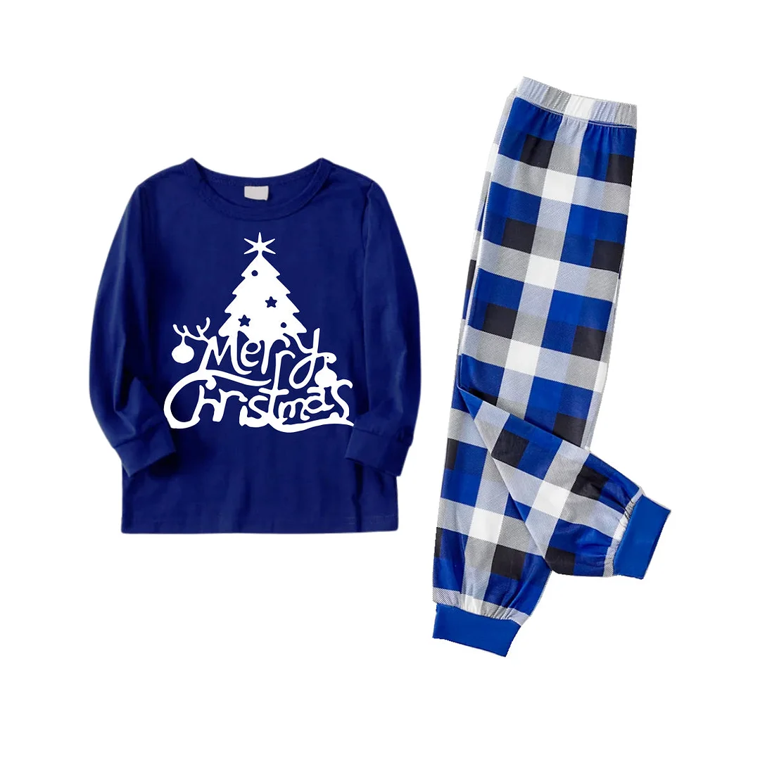"Merry Christmas" Anamorphic Font Blue Long Sleeves with Blue&White&Black Plaid Pants Family Matching Pajamas