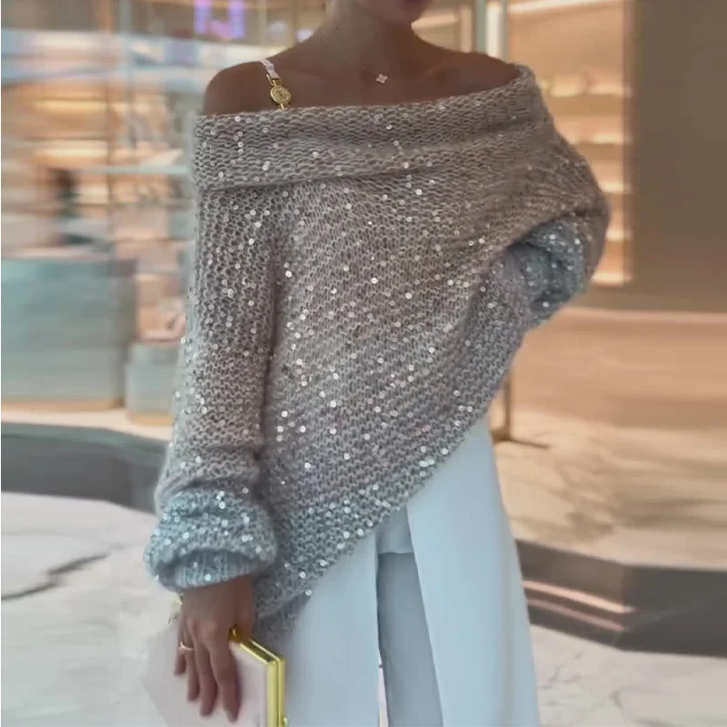 Toloer Toloer Autumn And Winter New Solid Color Sequins Hot Style A Word Shoulder Loose Languid Lazy Wind Sweater Female-Outfit Ideas