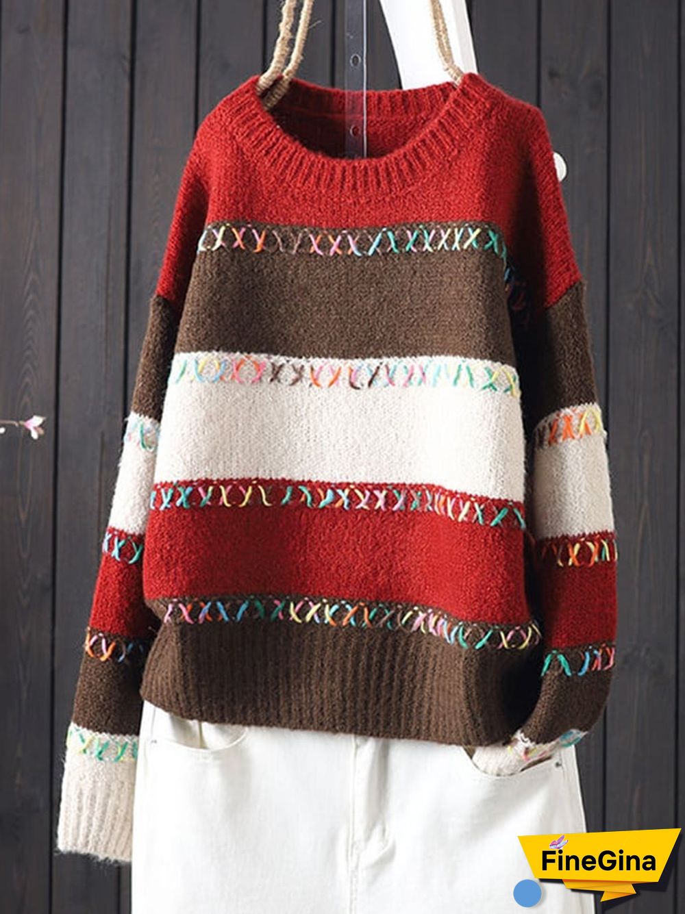 Women's Fashionable Lazy Style Handmade Thread Contrasting Round Neck Knitted Cardigan