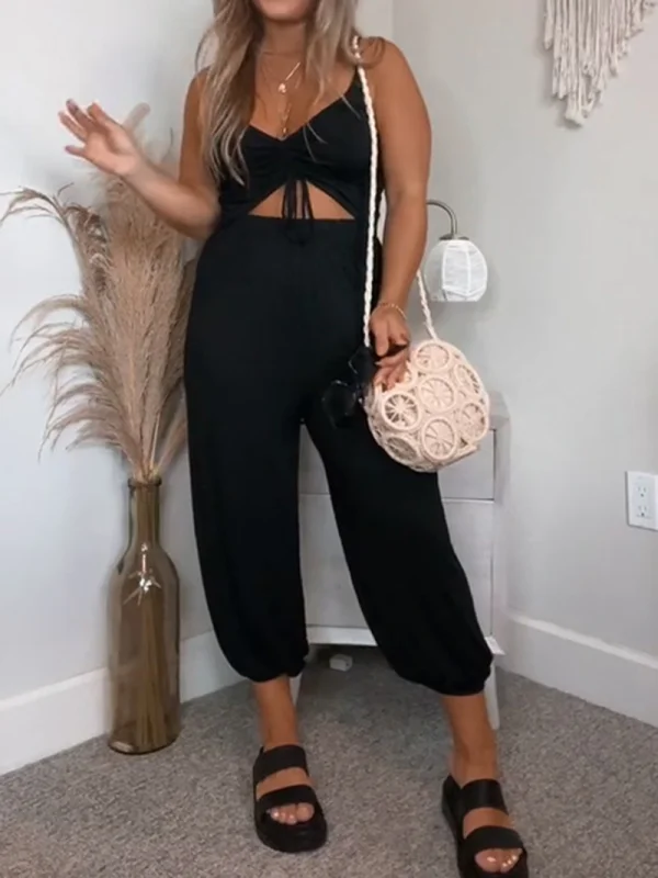 Drawstring Bow V-Neck Casual Jumpsuit