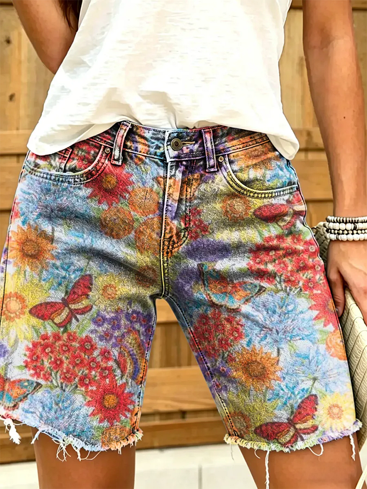 Ethnicity Colorful Flowers Butterfly Women's Art Print Casual Denim Shorts