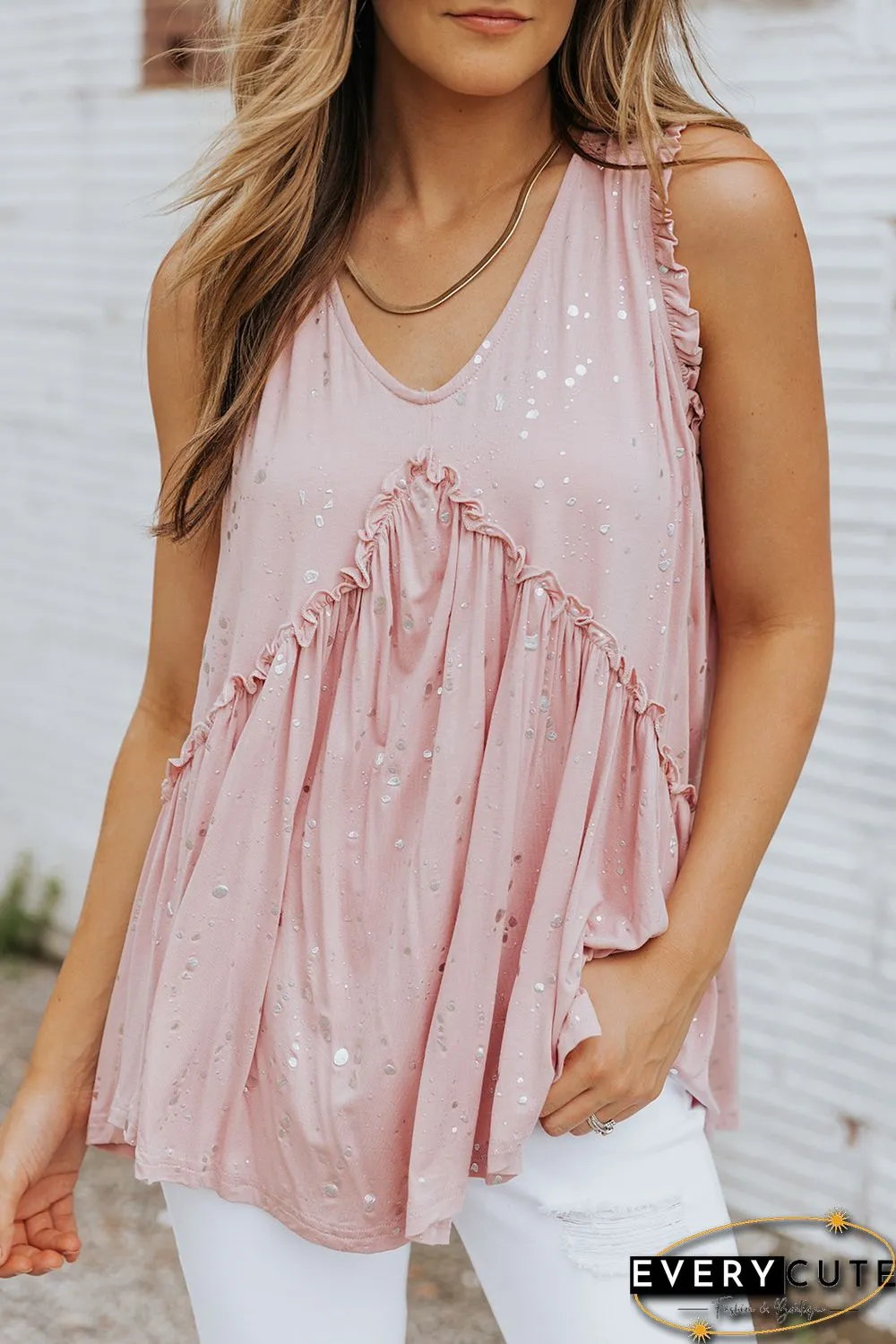 Pink Foil Splatter Drops Ruffled Flowy Tank