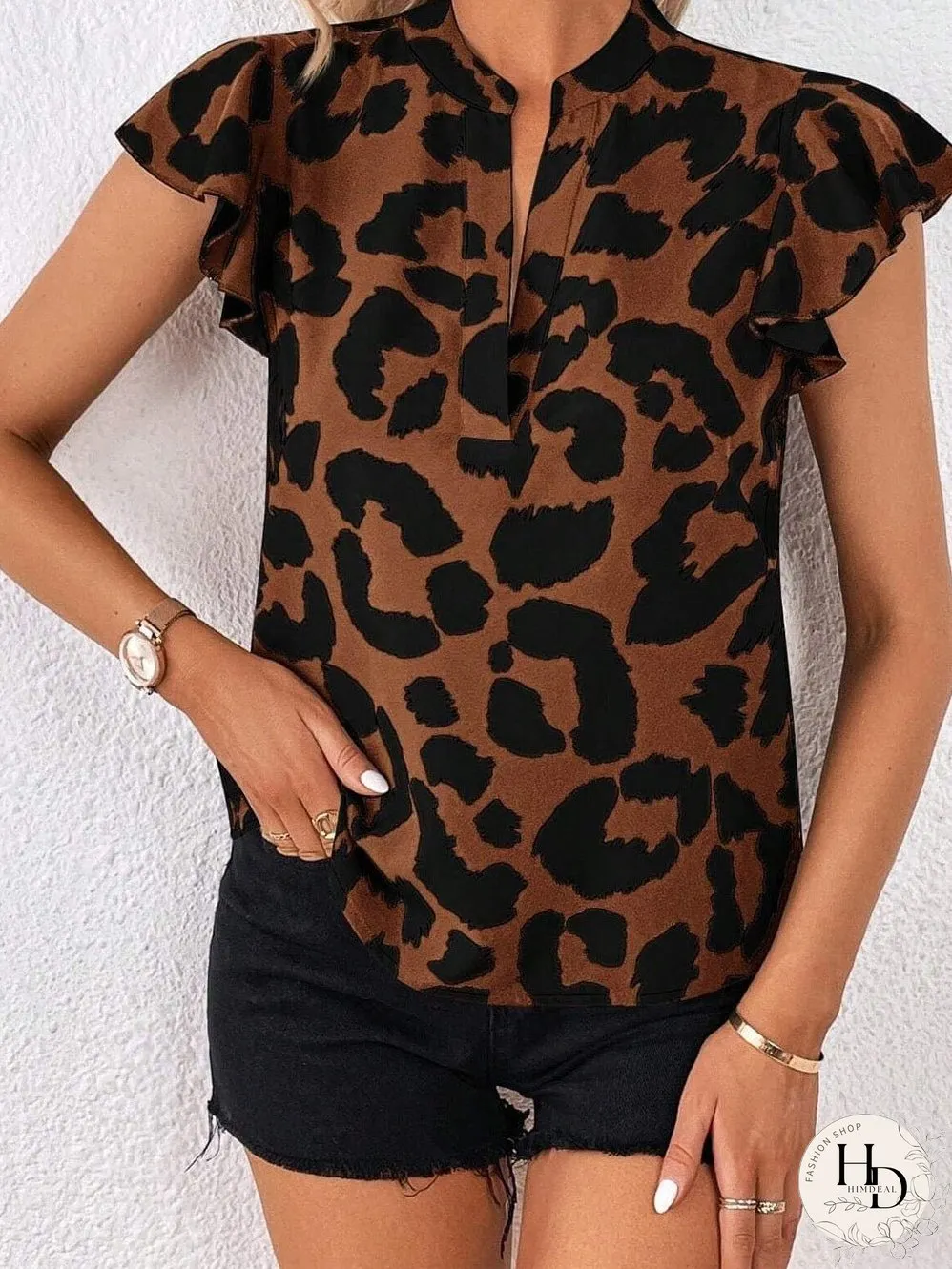 Leopard Print Split Neck Ruffle Sleeve Brown Blouse
