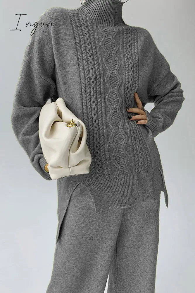 Ingvn - Casual Solid Slit Turtleneck Long Sleeve Two Pieces Grey / One Size Pieces/Two-Piece Pants