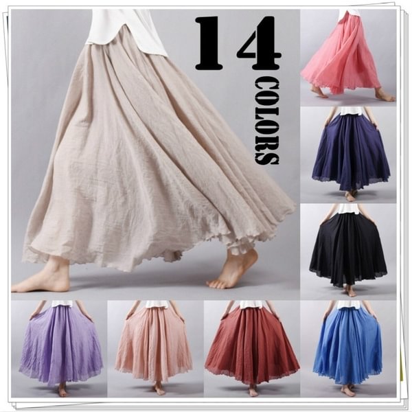 Double Layer Linen Maxi Skirt Pleated Vintage Boho Maxi Long Casual Cotton Beach Skirt Dress - Life is Beautiful for You - SheChoic