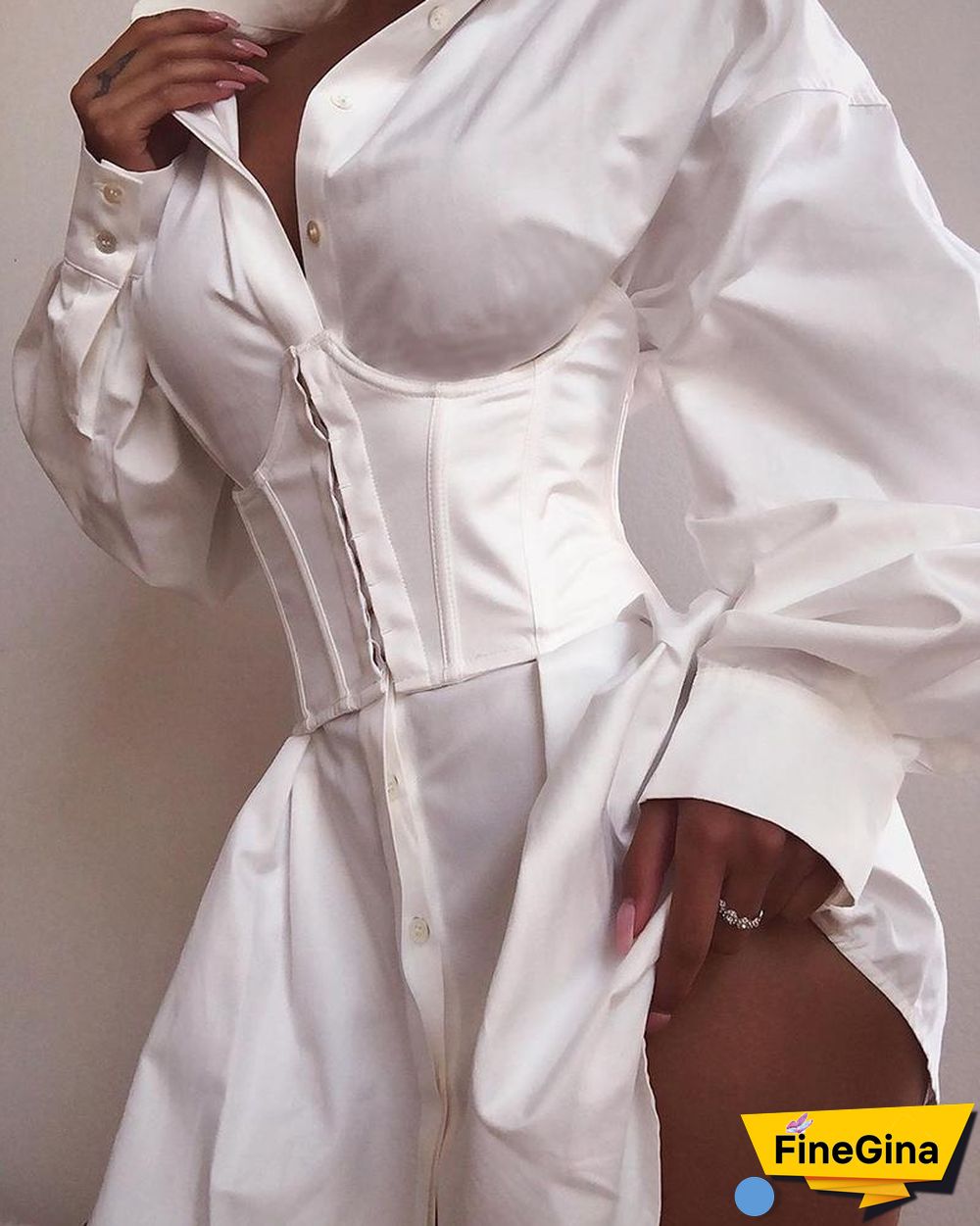 Solid Long Sleeve Tight Waist Buttoned Shirt Dress P15209