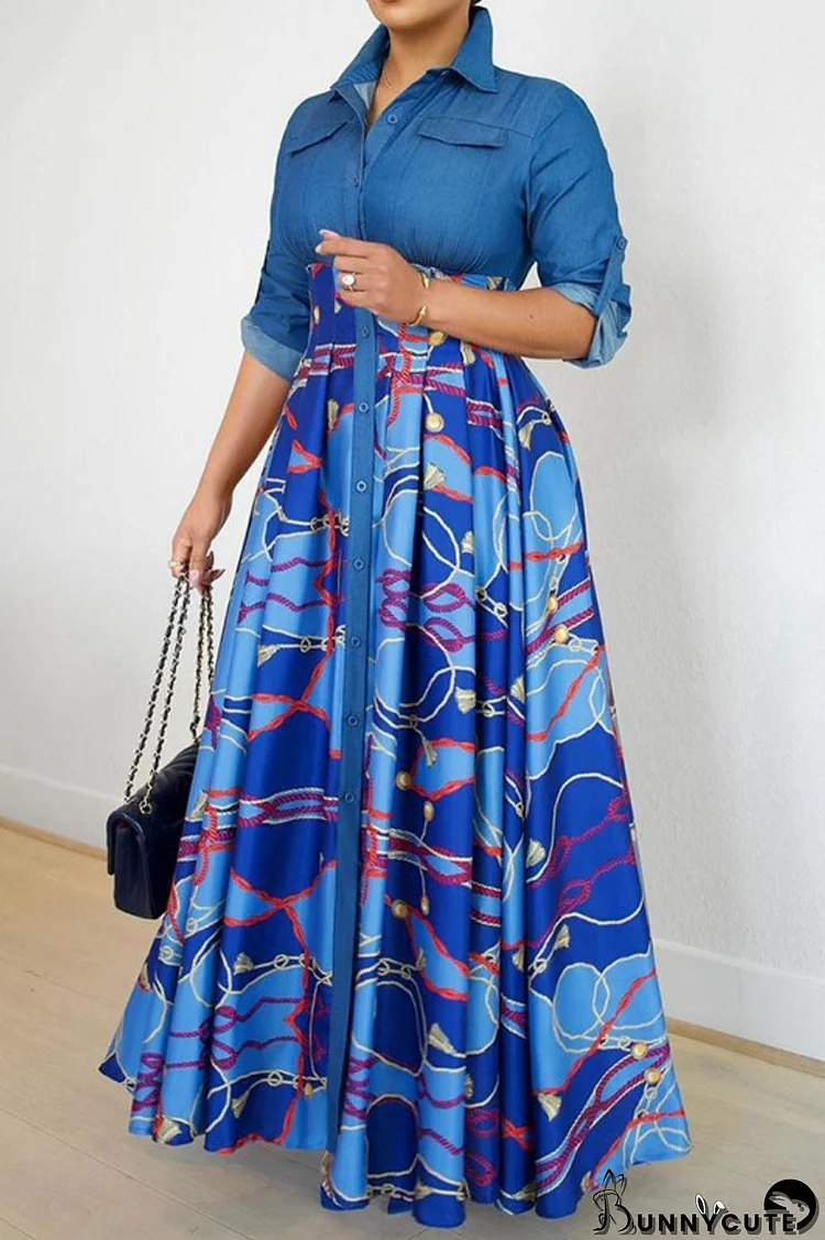 Blue Casual Print Patchwork Shirt Collar Long Dress Dresses