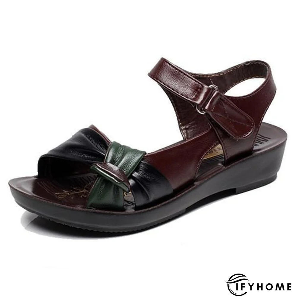 Women Summer Genuine Leather Flat Sandals Hook Loop Sandals Beach Shoes | IFYHOME