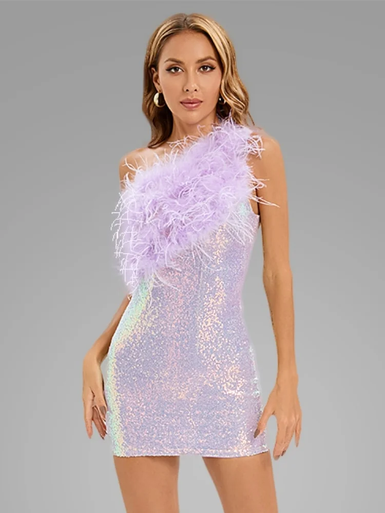 One Shoulder Shiny Sequin Feather Bodycon Mini Dress Elegant Lavender Sleeveless Backless Dress Designer Party Club Dress