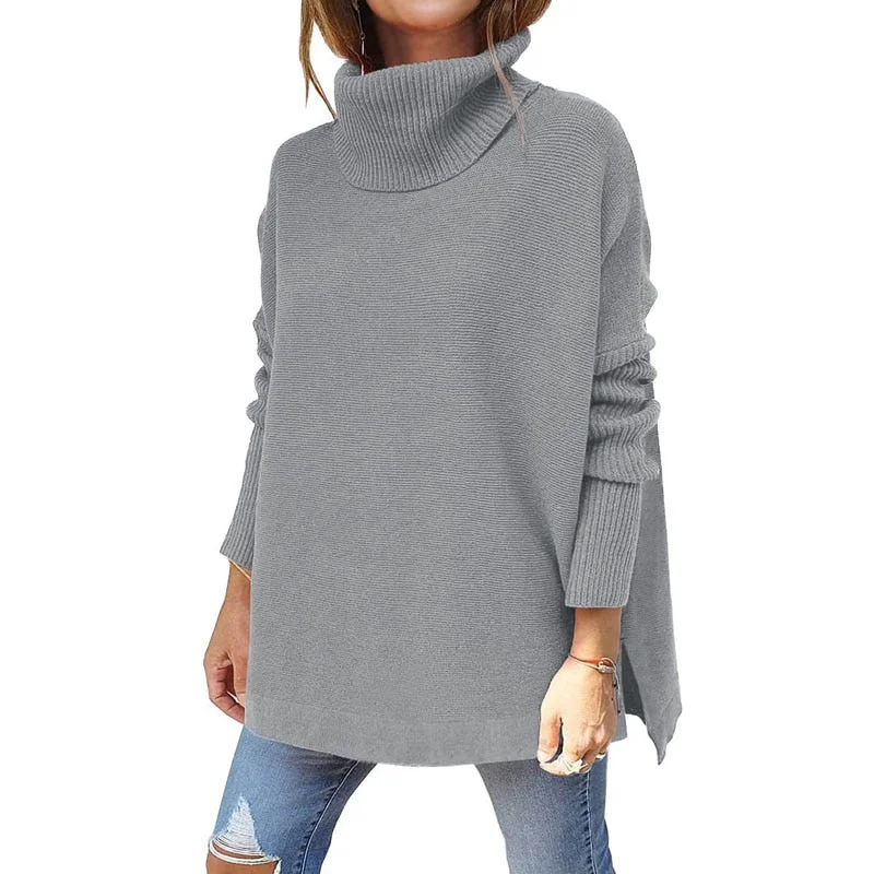 Autumn Winter Women Knitted Long Sweater Loose Oversized Turtleneck Batwing Sleeve Tunic Pullover Tops Jumpers