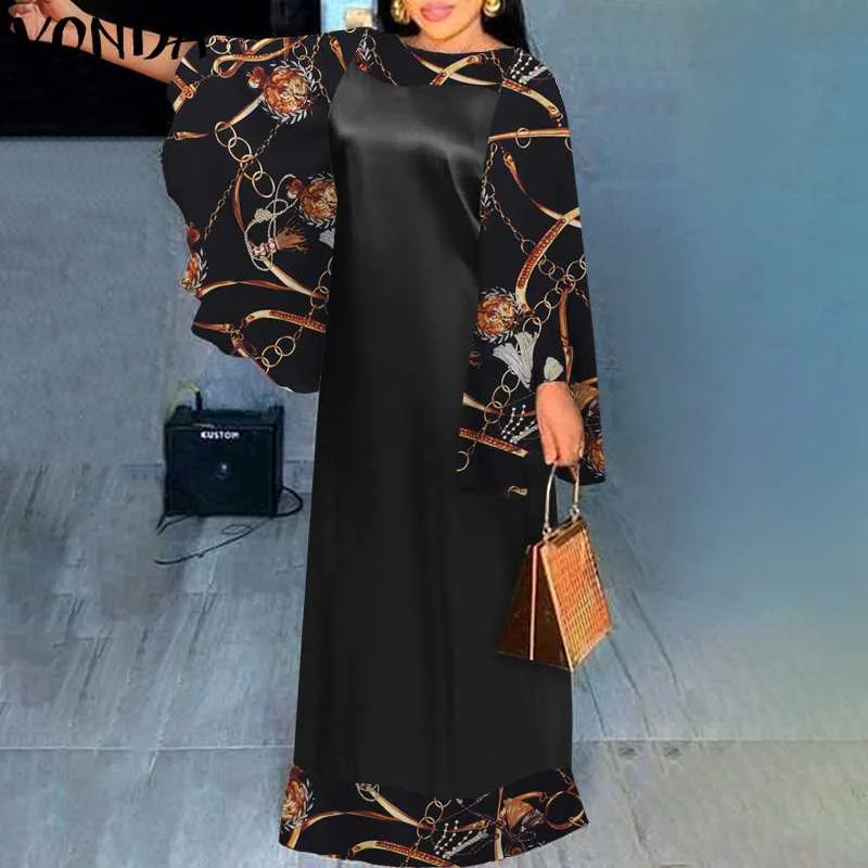 Long Sleeve Vintage Printed Patchwork Maxi Dress 2022 VONDA Women Flare Sleeve Bohemian Dress Oversized SundressRobe Femme
