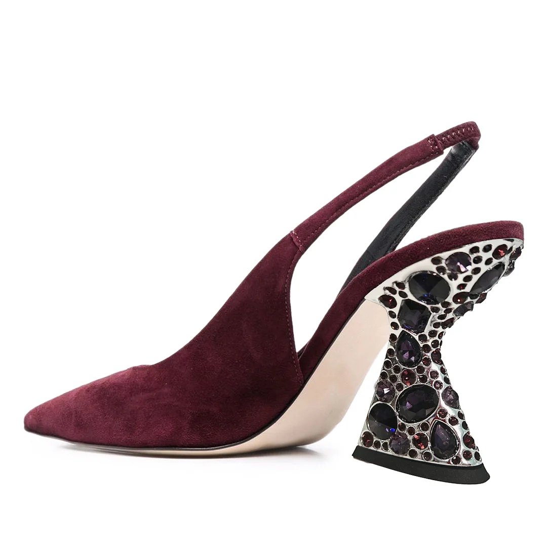 Faux Suede Pointed Slingback Rhinestone Embellished Pumps in Maroon