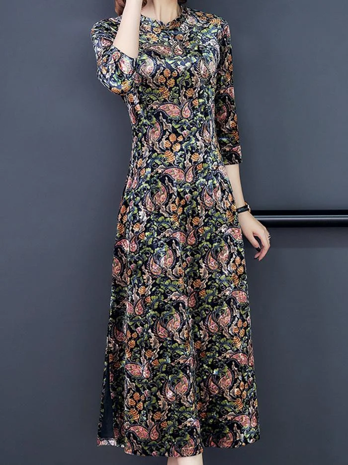 Fashion Floral Velvet Long Sleeve Dress