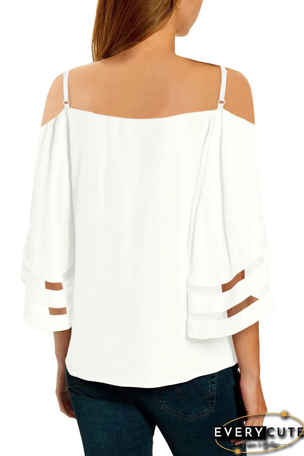White Spaghetti Straps Cold Shoulder Mesh Insert Bell Sleeve Blouse