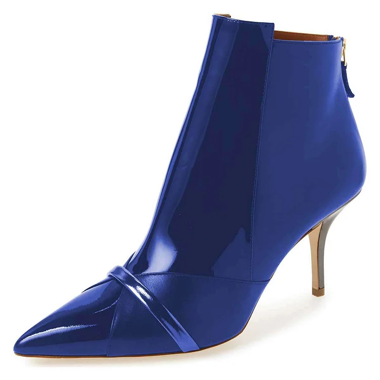 Blue Pointy Toe Stiletto Heel Ankle Boots in Mirror Leather Vdcoo