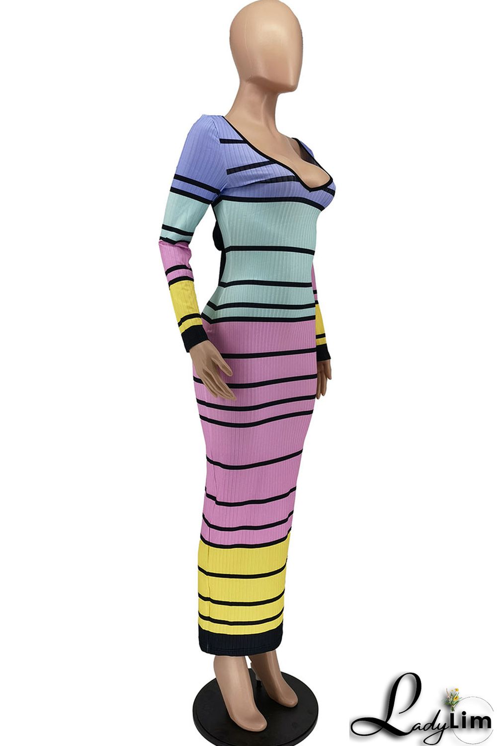 Pink Sexy Striped Print Patchwork V Neck Pencil Skirt Dresses