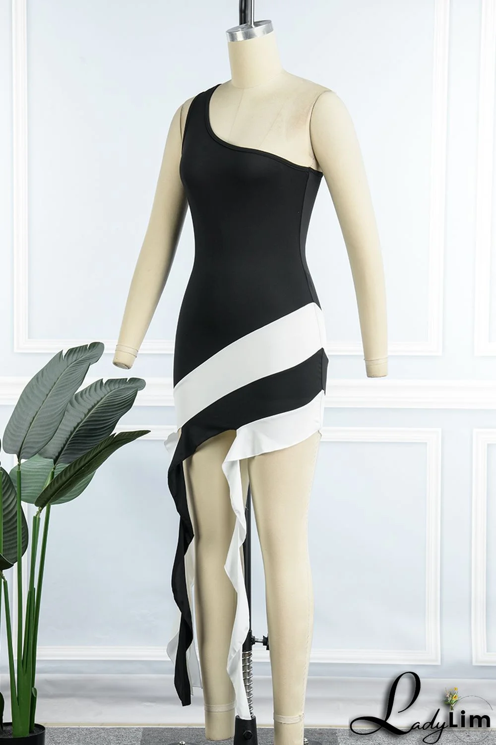 Yellow Sexy Patchwork Backless Contrast One Shoulder Sleeveless Dress Dresses