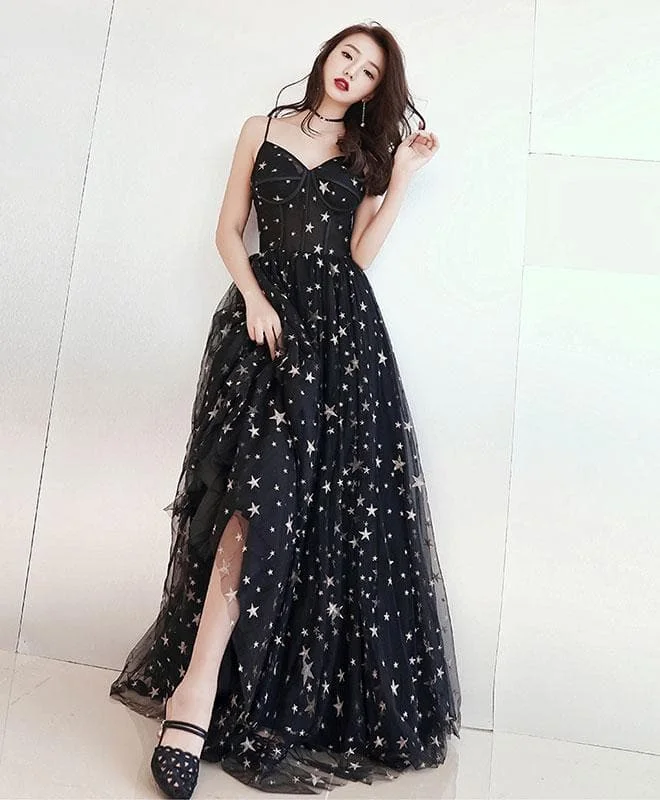Black V Neck Tulle Long Prom Dress, Black Evening Dress SP18001