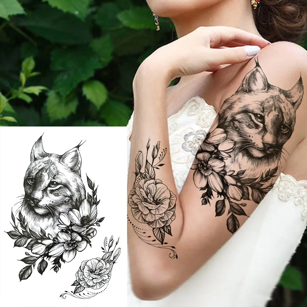 3D Flower Triangle Temporary Tattoos For Women Girl Fake Wolf Deer Geometry Tattoo Sticker Peony Dahlia Body Art Adults Tatoos