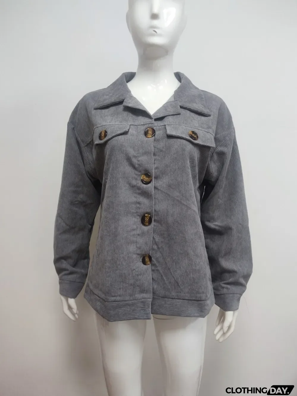 Winter Grey Button Up Long Sleeve Corduroy Coat