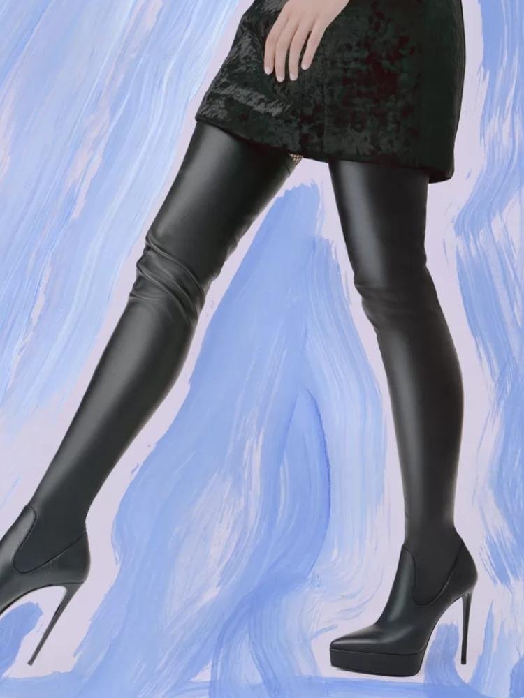 Black Over The Knee Boots Elastic Pointed Toe Platform Stiletto Heel Thigh High Boots