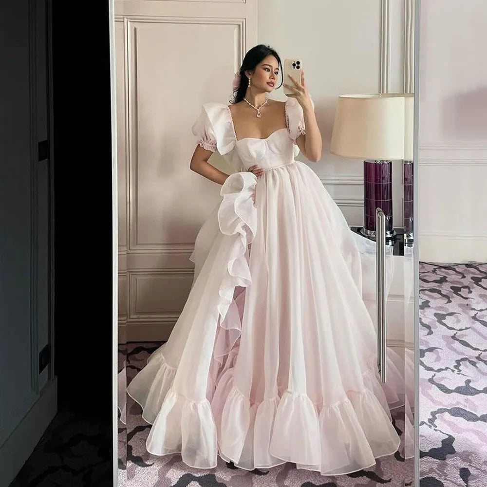 Aiertu Princess Prom Dresses Cap Sleeves Organza Long Prom Gowns Cap Sleeves Ruched Special Occasion Dress A-Line Party Dress Aiertu