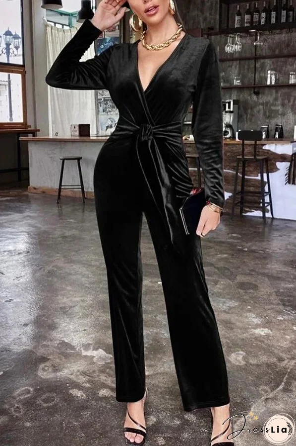 Solid Color Velvet Deep V Belt Slim Jumpsuit
