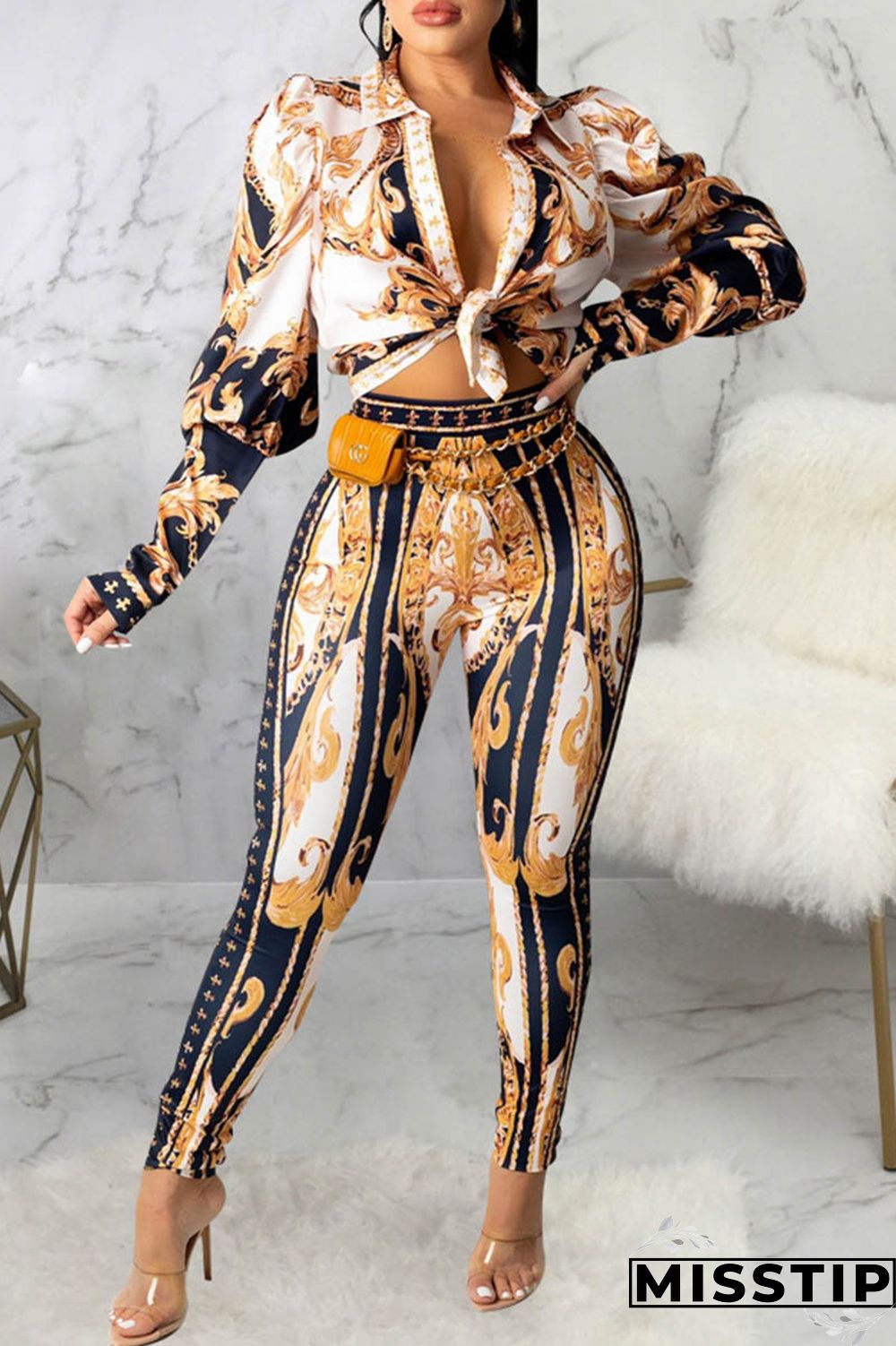 Deep Blue Casual Print Patchwork Turndown Collar Long Sleeve Two Pieces