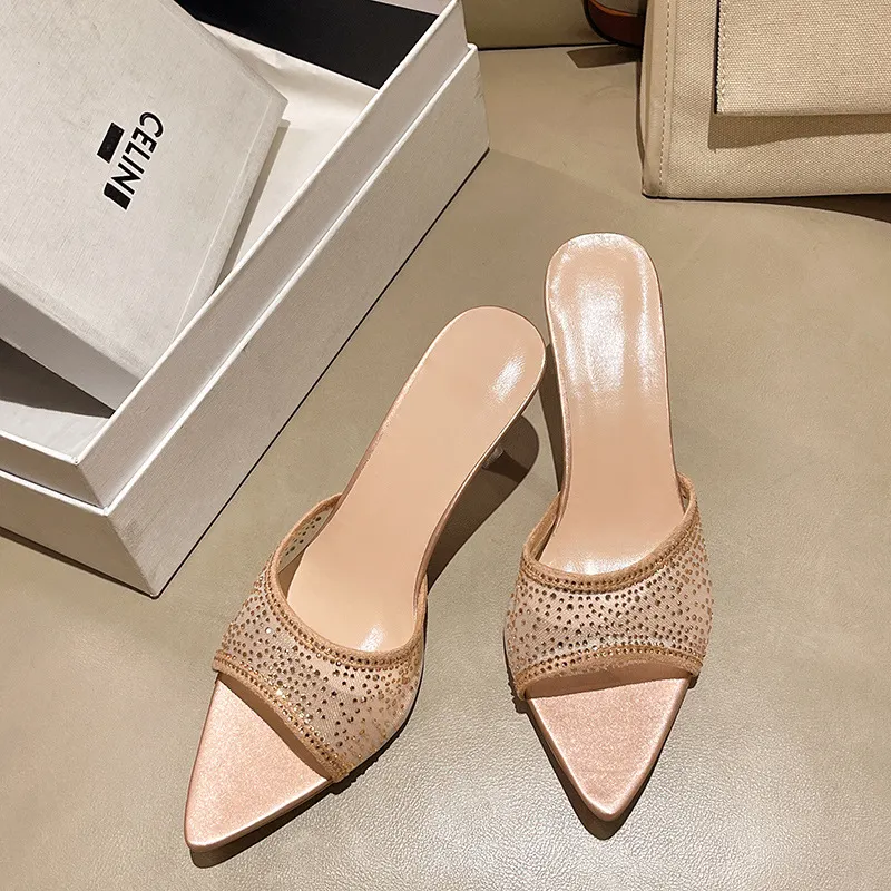 Breakj Breakj Pointed High With A Word Slippers Women's Net Yarn Water Toe Fish Mouth Fashion Cold Slippers