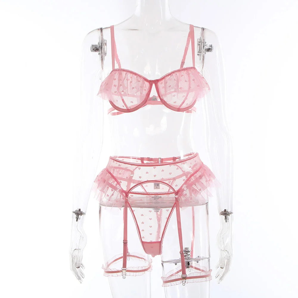 Billionm SexeLakas Pink Nightwear Sexy Transparent See Through Lace Underwear Lingerie Ruffles Heart Shape Intimate Sexual Clothing Sex